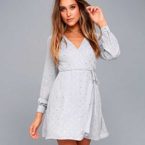 Lulus Dresses & Skirts - LuLus Gray and Gold Polka Dot Wrap Dress
